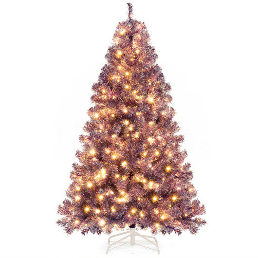Pre-Lit Tinsel Christmas Tree Artificial Xmas Tree with Lush Branch Tips and Warm White LED Lights-S