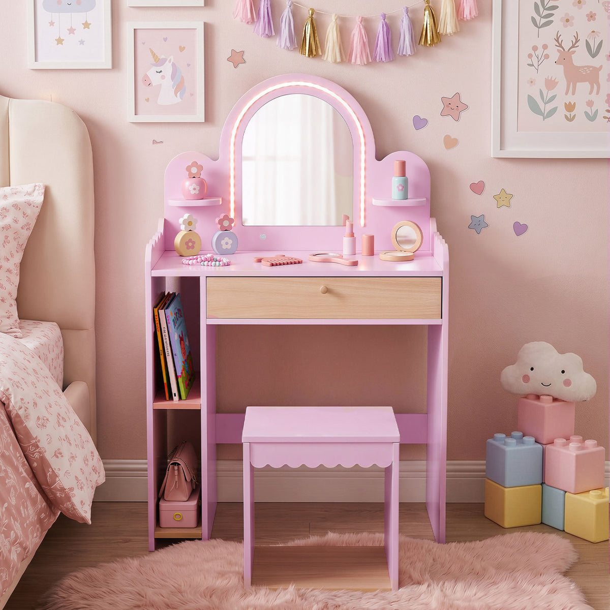 Pretend Makeup Dressing Table Set with 2 Small Shelves and Compartments-Pink