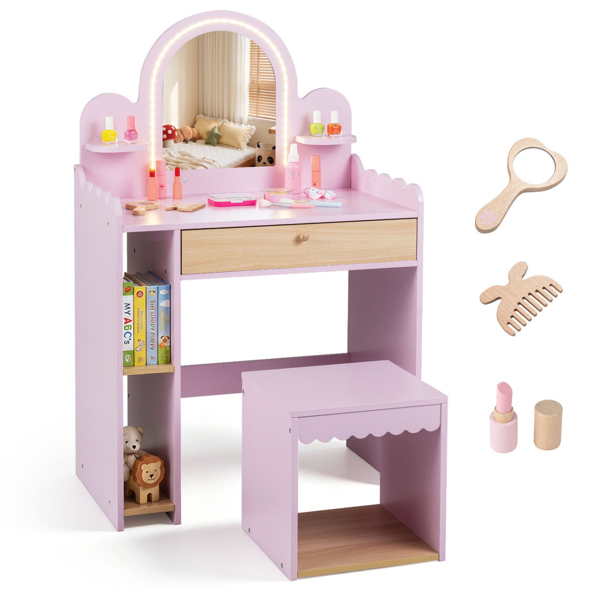 Pretend Makeup Dressing Table Set with 2 Small Shelves and Compartments-Pink