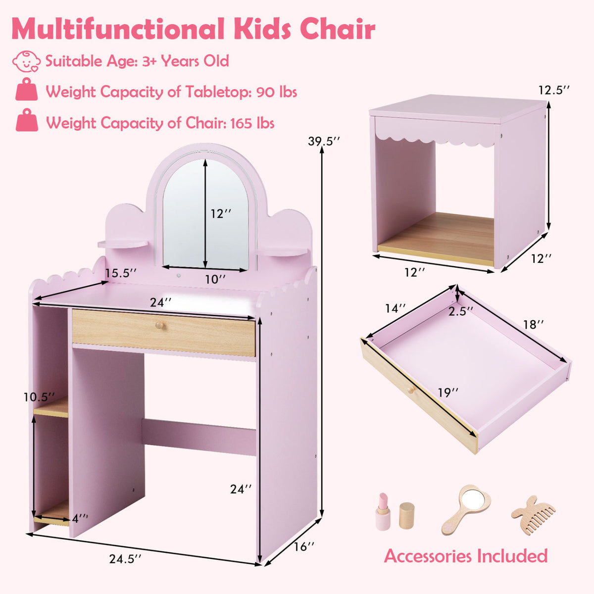Pretend Makeup Dressing Table Set with 2 Small Shelves and Compartments-Pink