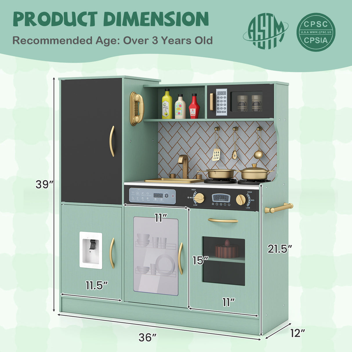 Pretend Play Kitchen with Utensils for Kids Aged 3+-Green