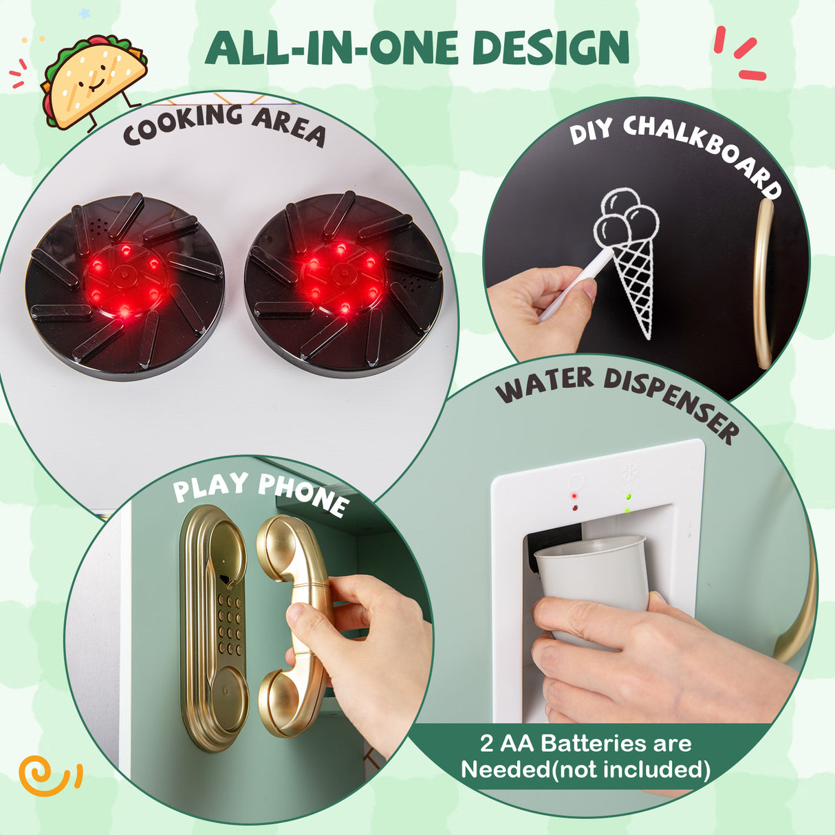 Pretend Play Kitchen with Utensils for Kids Aged 3+-Green