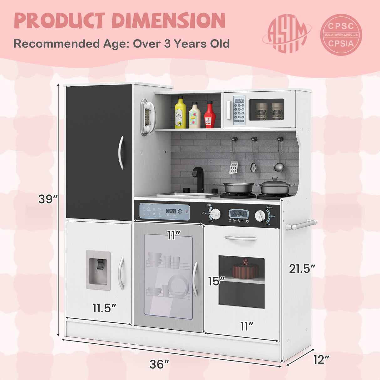 Pretend Play Kitchen with Utensils for Kids Aged 3+-Silver