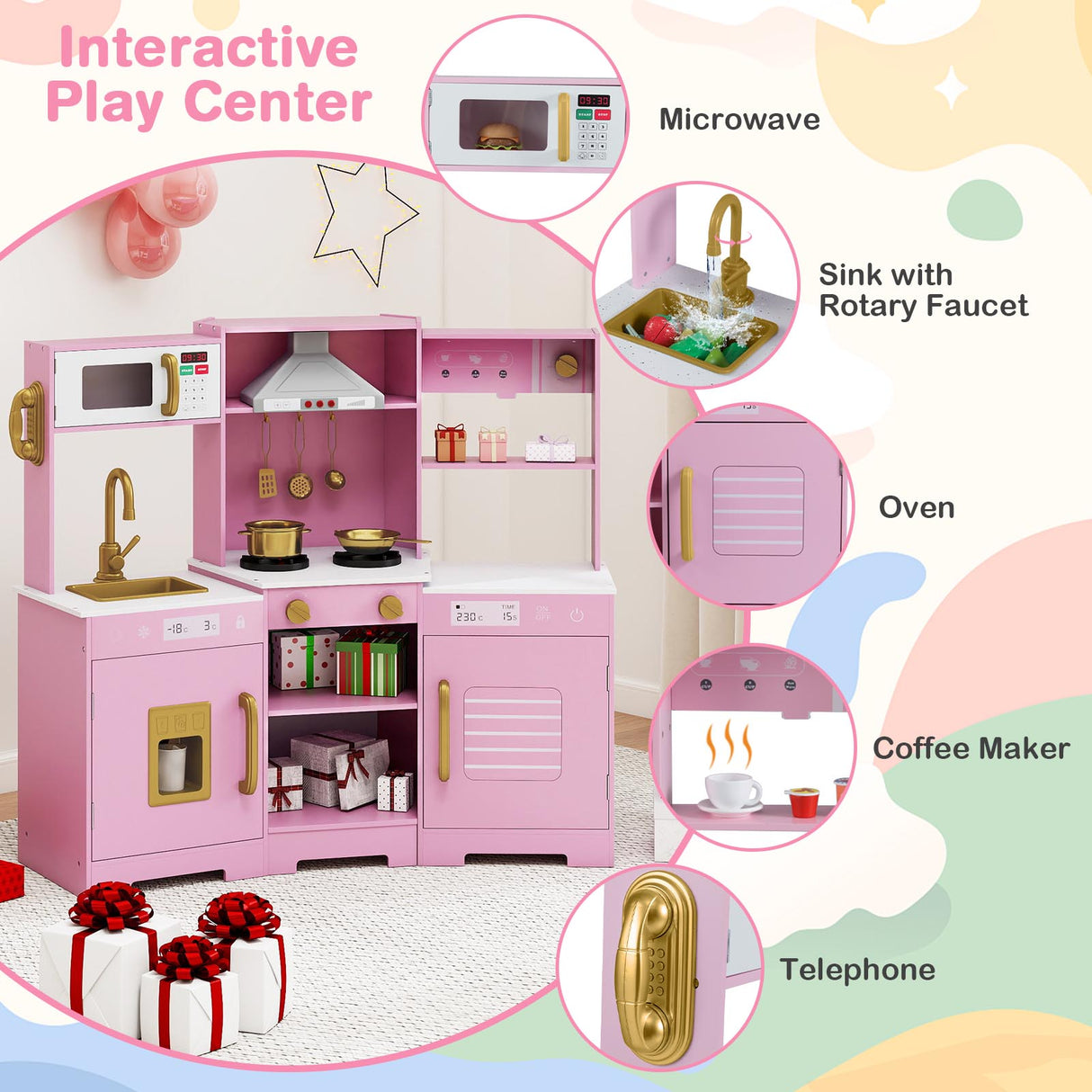 Pretend Play Kitchen Wooden Toy Set with Range Hood Real Sounds and Lights-Pink