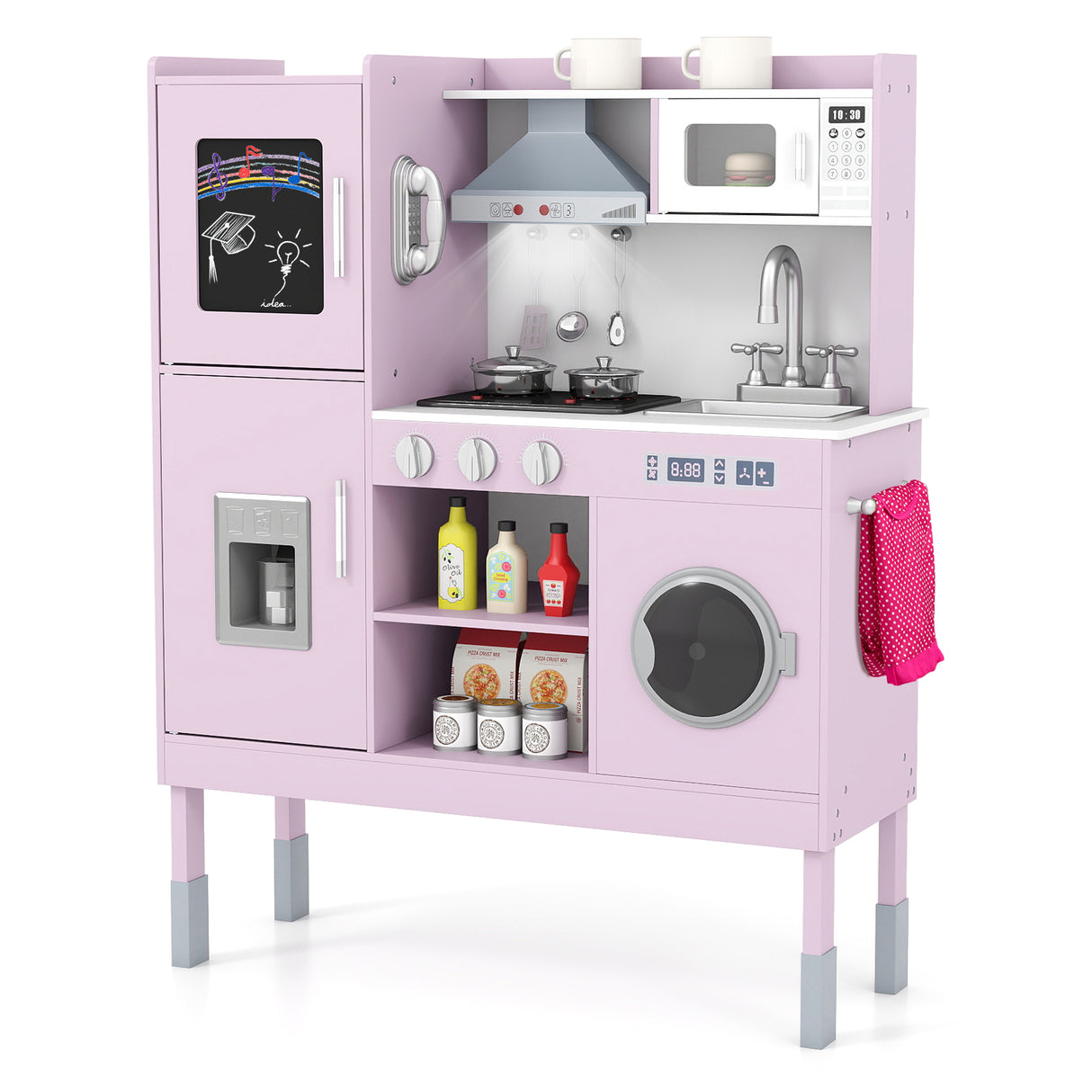 Pretend Play Kitchen Toy Kitchen Playset with Range Hood Ice Maker and Telephone-Pink