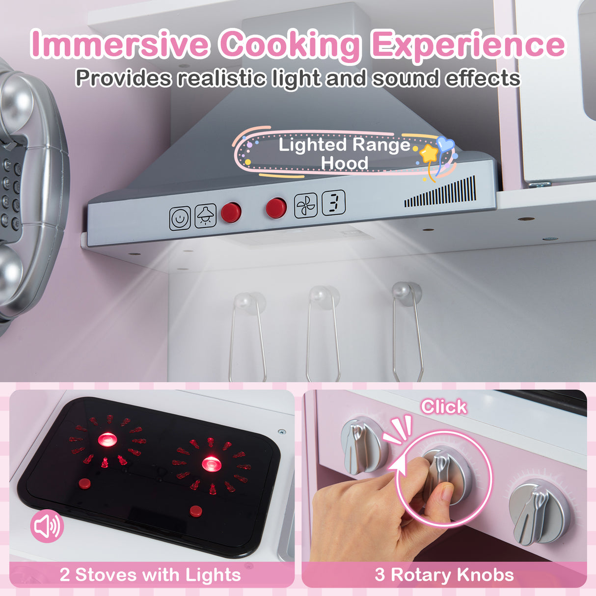 Pretend Play Kitchen Toy Kitchen Playset with Range Hood Ice Maker and Telephone-Pink