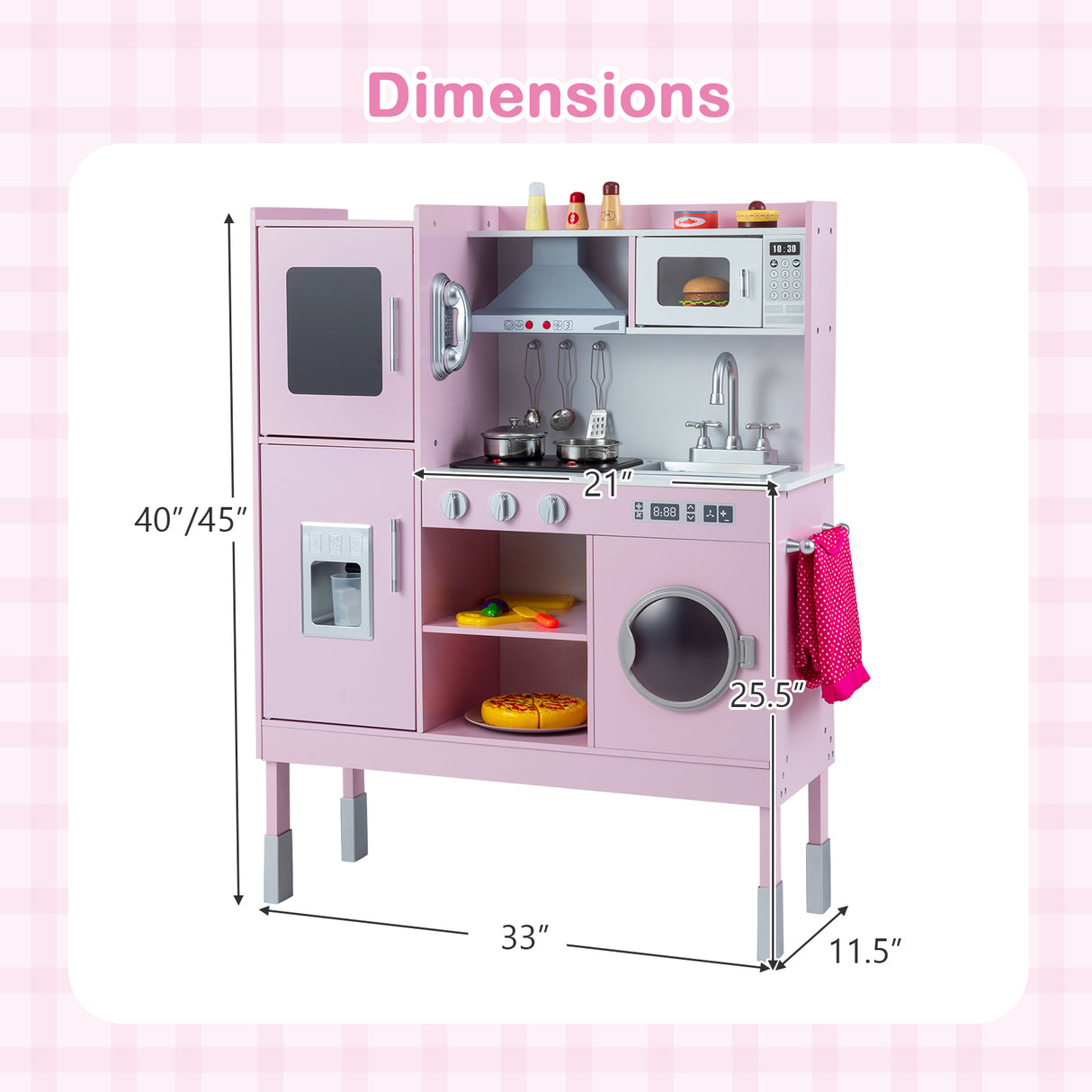 Pretend Play Kitchen Toy Kitchen Playset with Range Hood Ice Maker and Telephone-Pink