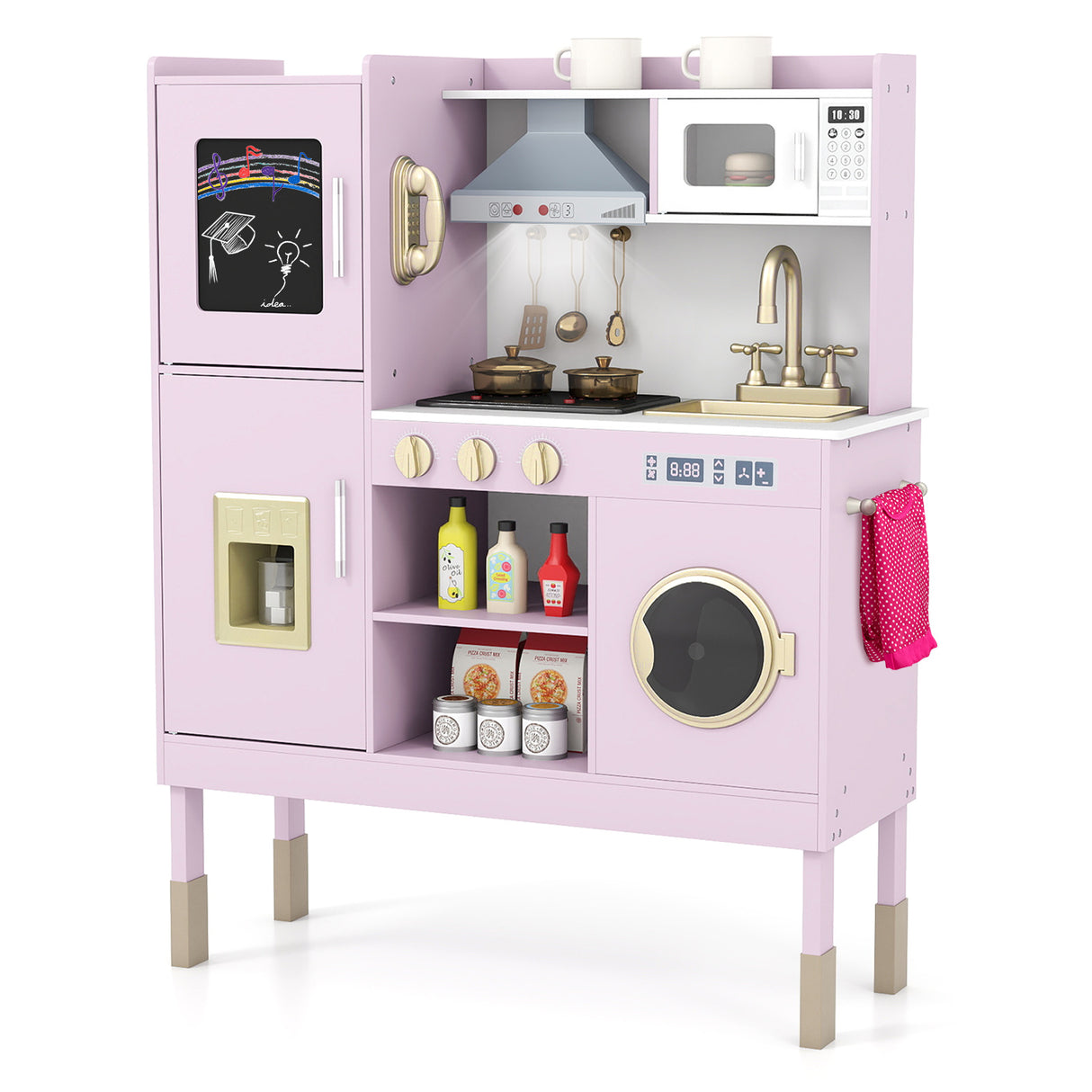 Pretend Play Kitchen Toy Kitchen Playset with Range Hood Ice Maker and Telephone-Light Pink