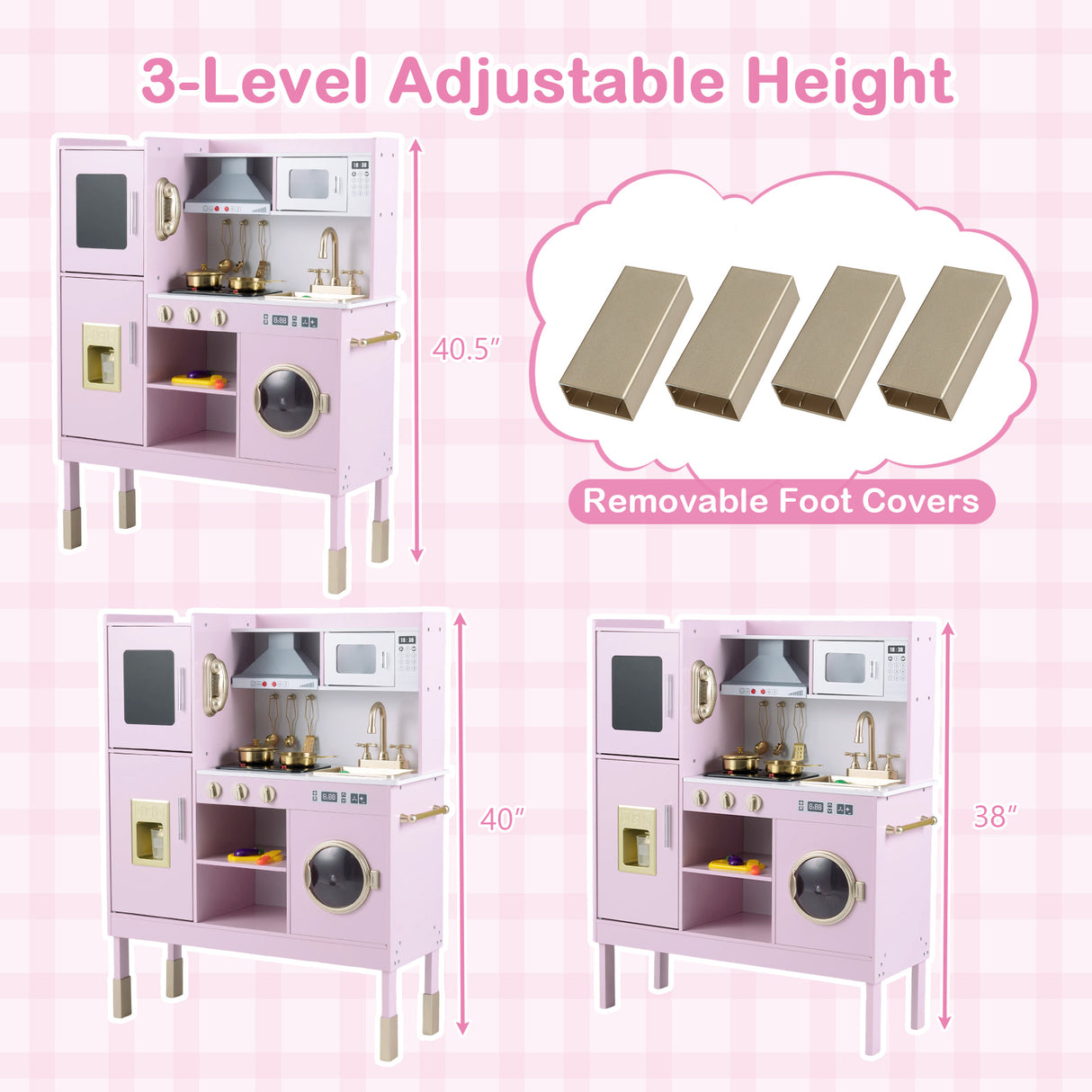 Pretend Play Kitchen Toy Kitchen Playset with Range Hood Ice Maker and Telephone-Light Pink