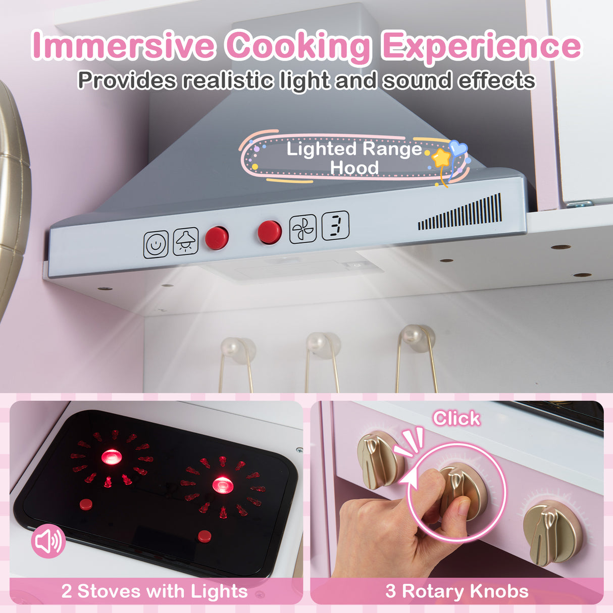 Pretend Play Kitchen Toy Kitchen Playset with Range Hood Ice Maker and Telephone-Light Pink