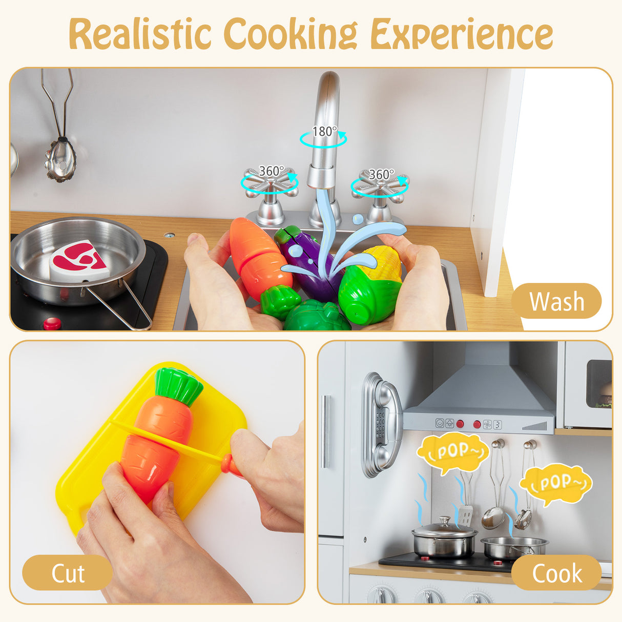 Pretend Play Kitchen Toy Kitchen Playset with Range Hood Ice Maker and Telephone-White