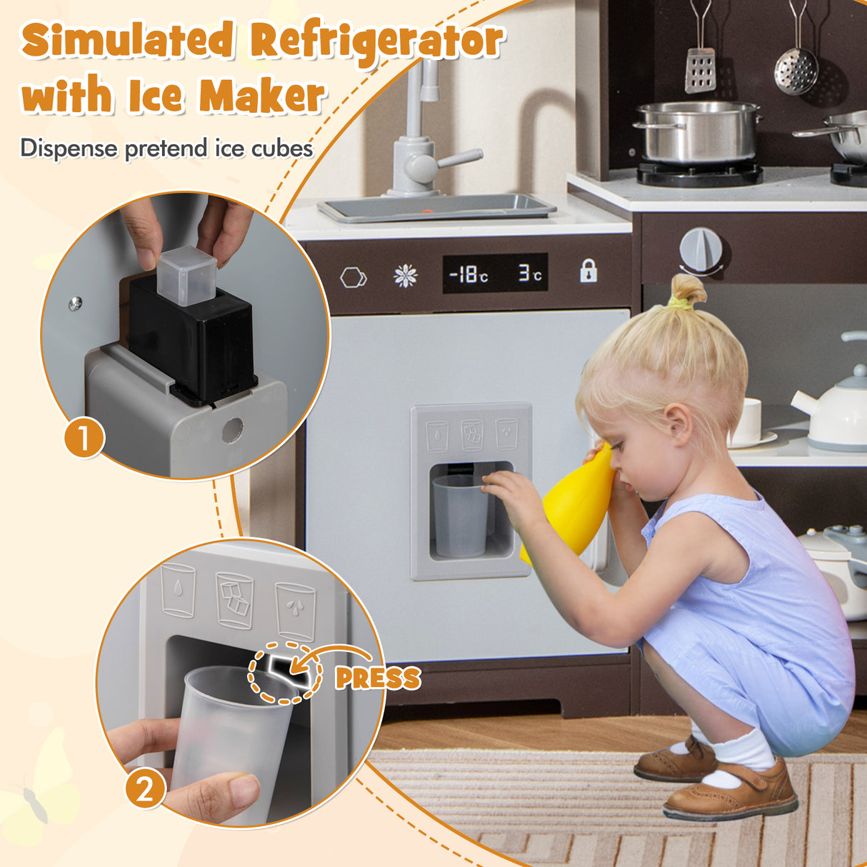 Pretend Play Kitchen Wooden Toy Set with Range Hood Real Sounds and Lights-Brown