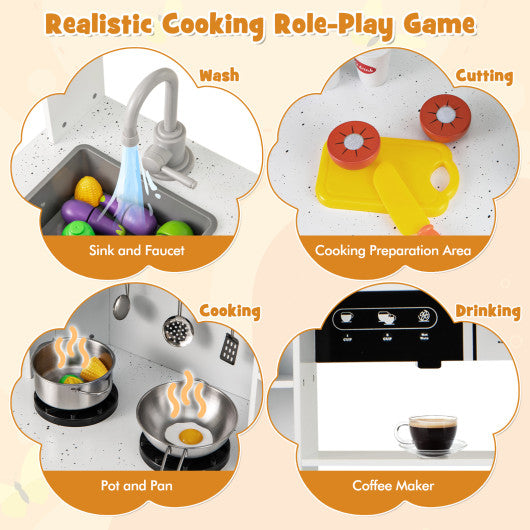 Pretend Play Kitchen Wooden Toy Set with Range Hood Real Sounds and Lights-White