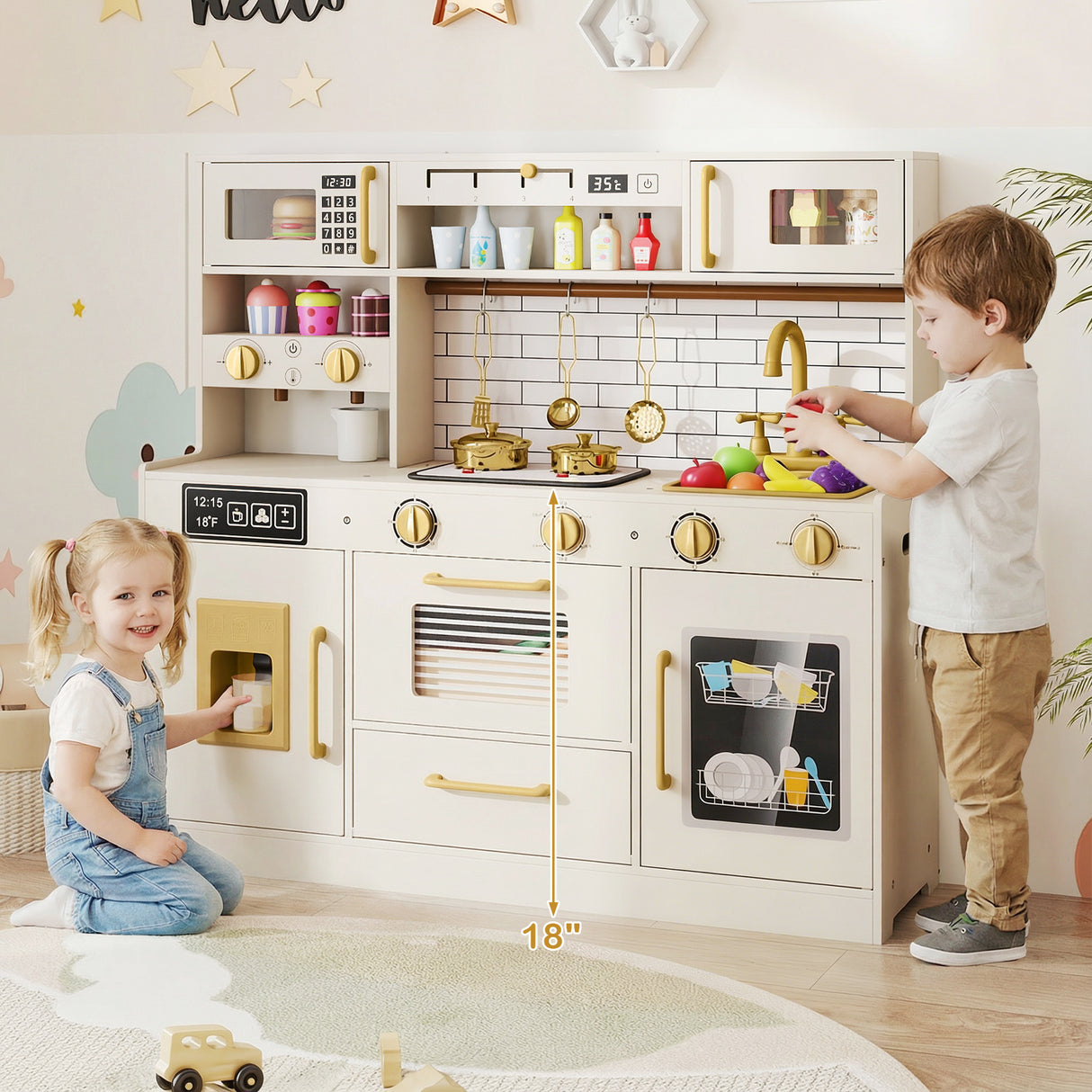 Pretend Toy Kitchen Set with Stoves and Water Dispenser-Beige