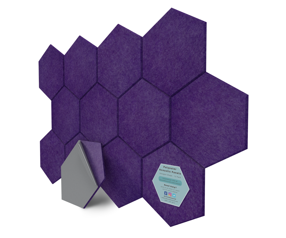 Hexagon Polyester Acoustic Panels - 12 Pack | Eco-Friendly Sound Absorption | Easy Peel & Stick Installation