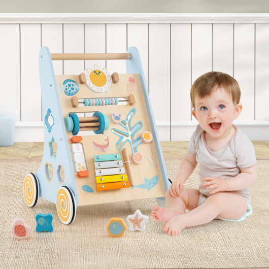 Wooden Baby Walker Push and Pull Learning Activity Center with Wheels-Blue