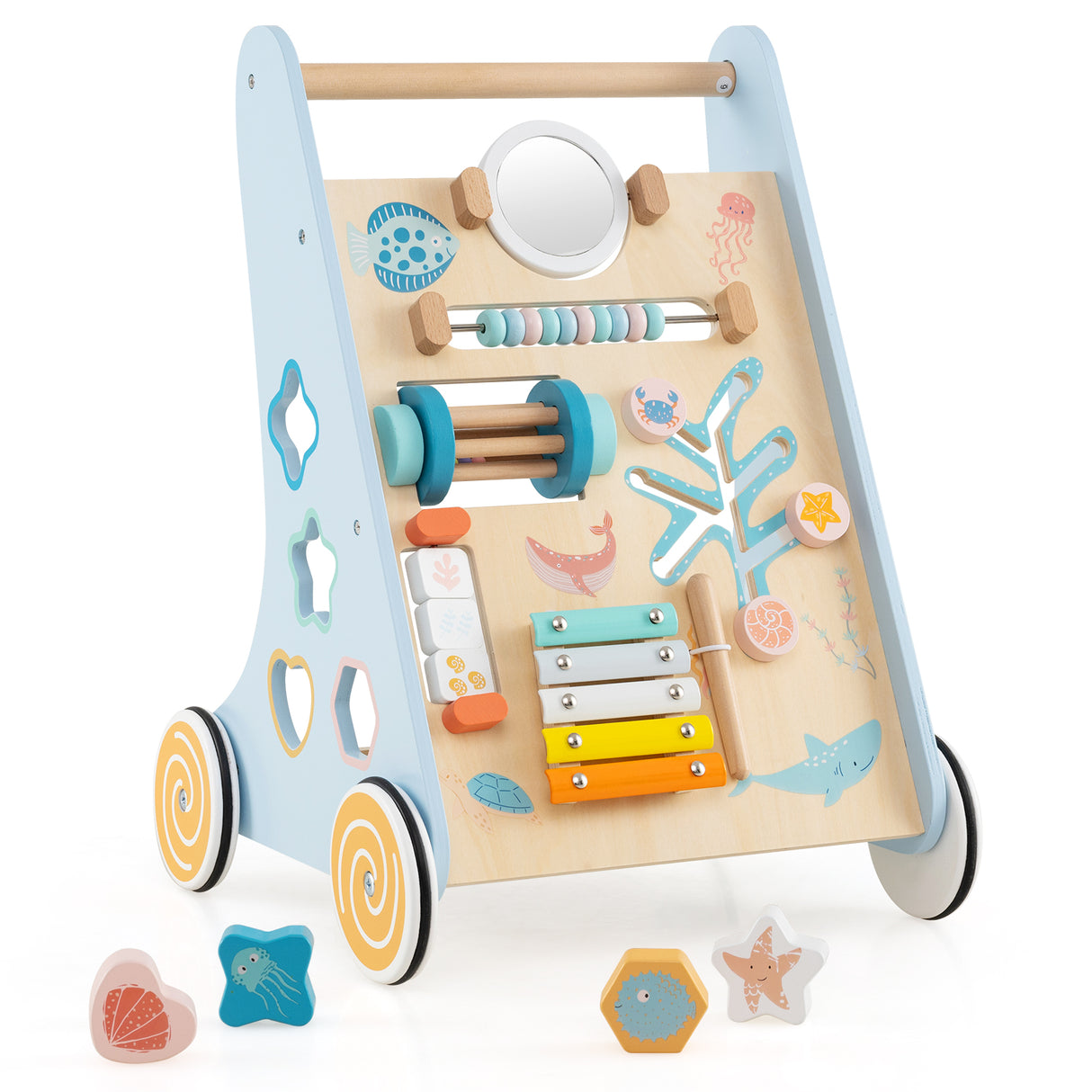 Wooden Baby Walker Push and Pull Learning Activity Center with Wheels-Blue