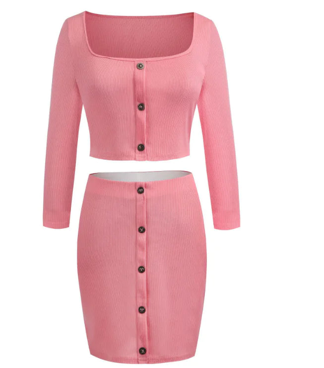 Buttoned Shoulder Off Long Sleeve Skirt Set