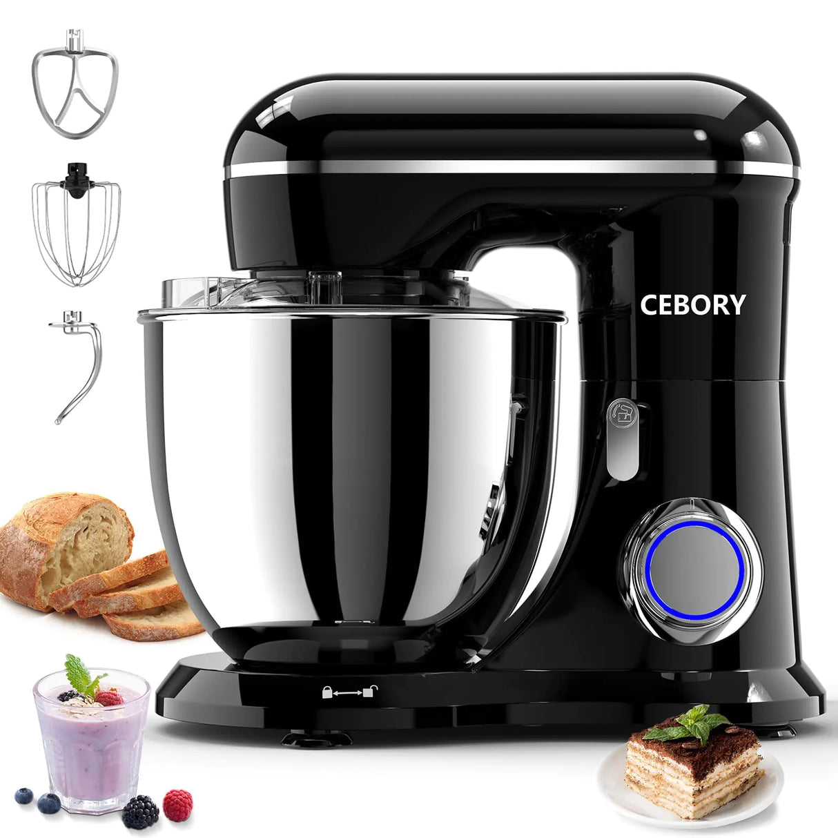 CEBORY 3-IN-1 Electric Stand Mixer 6.5QT Bowl 10-Speed Kitchen Mixer Household Food Mixers include Dough Hook Beater and Whisk Bread Cake Mixer for Baking and Most Home Cooks Black
