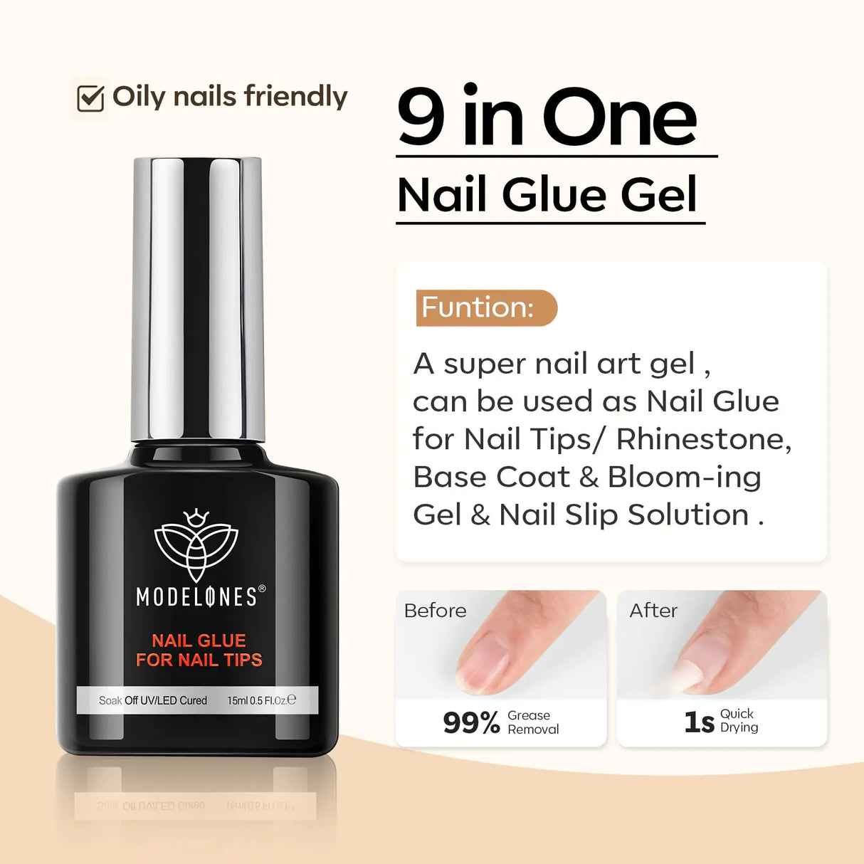 modelones 9 in One Nail Glue with Gel Top and Base Coat Gel Nail Kit, No Wipe Base Coat Long Lasting Glossy Top Coat 3Pcs Gel Nail Glue for Nail Tips, Blooming Gel, Rhinestone Glue A2-3pcs Nail Glue