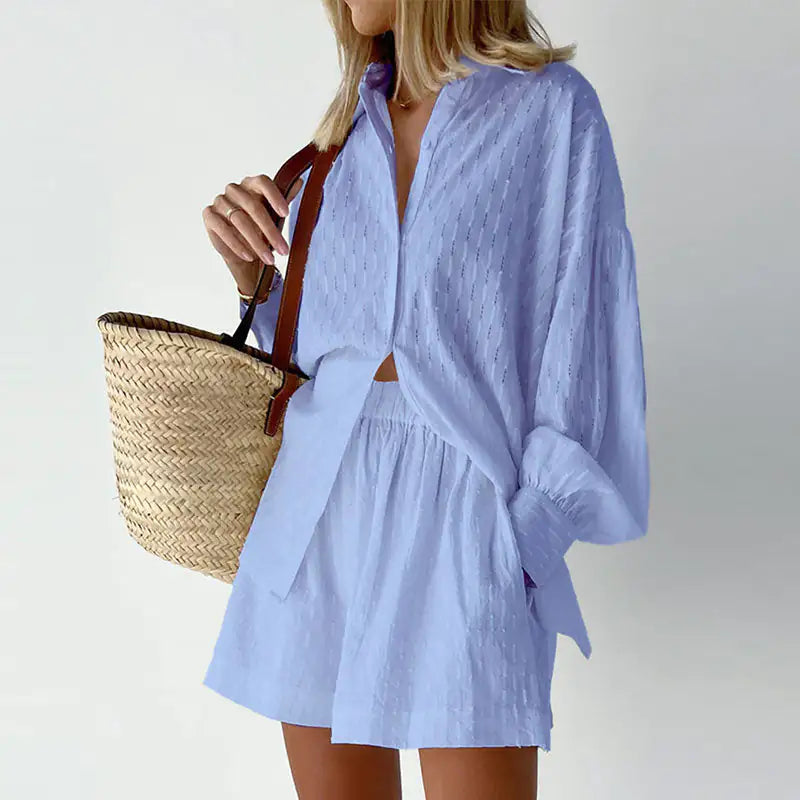 Lantern Sleeve Loose Shirt and Short Set 2 Piece Outfits