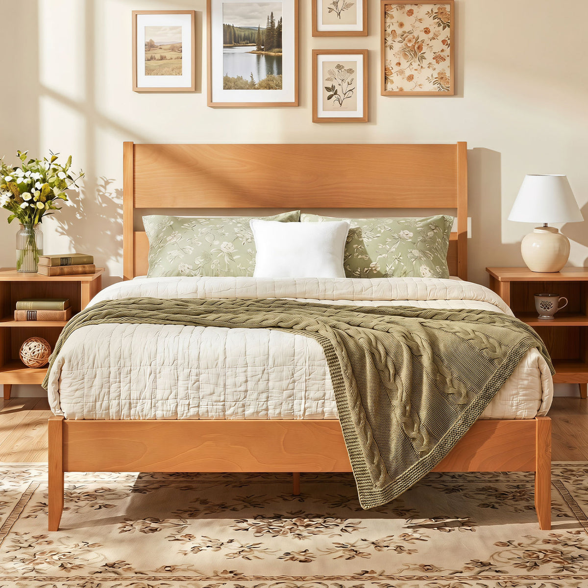 Queen Bed Frame with Headboard and Solid Wood Legs 12 Slats-Warm Brown