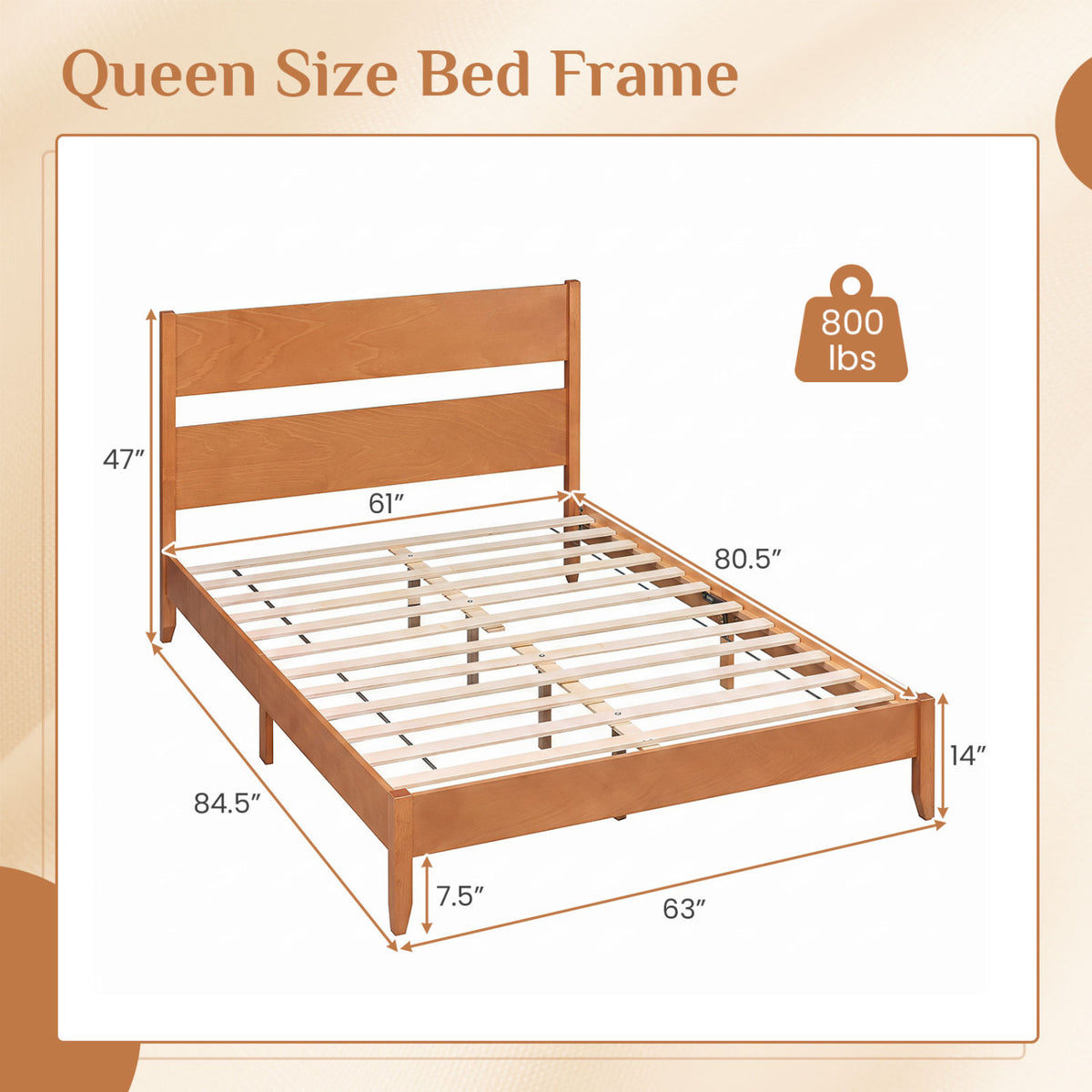 Queen Bed Frame with Headboard and Solid Wood Legs 12 Slats-Warm Brown