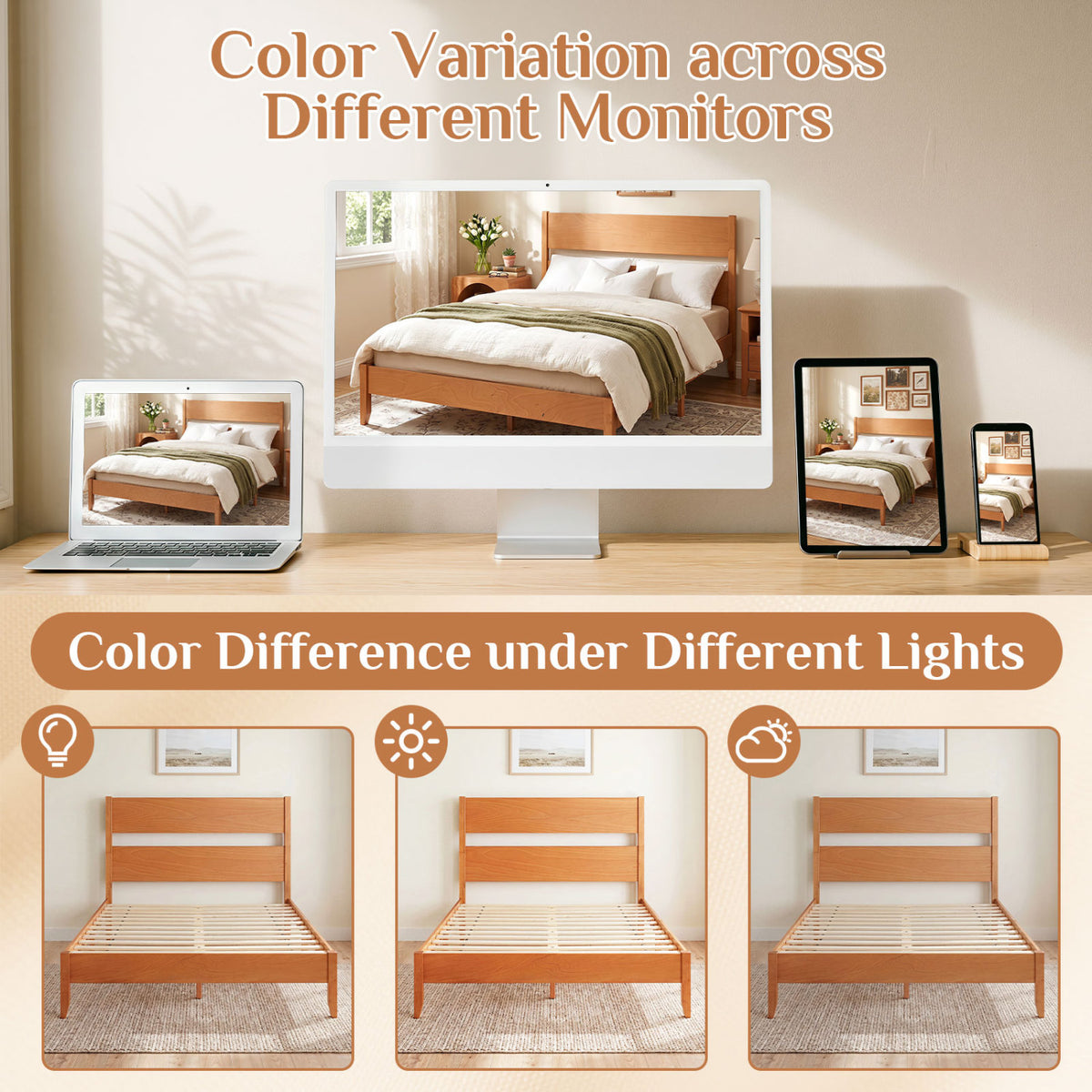 Queen Bed Frame with Headboard and Solid Wood Legs 12 Slats-Warm Brown