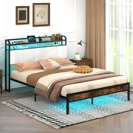 Twin/Full/Queen/King Size Bed Frame with LED Light and Charging Station-Queen Size