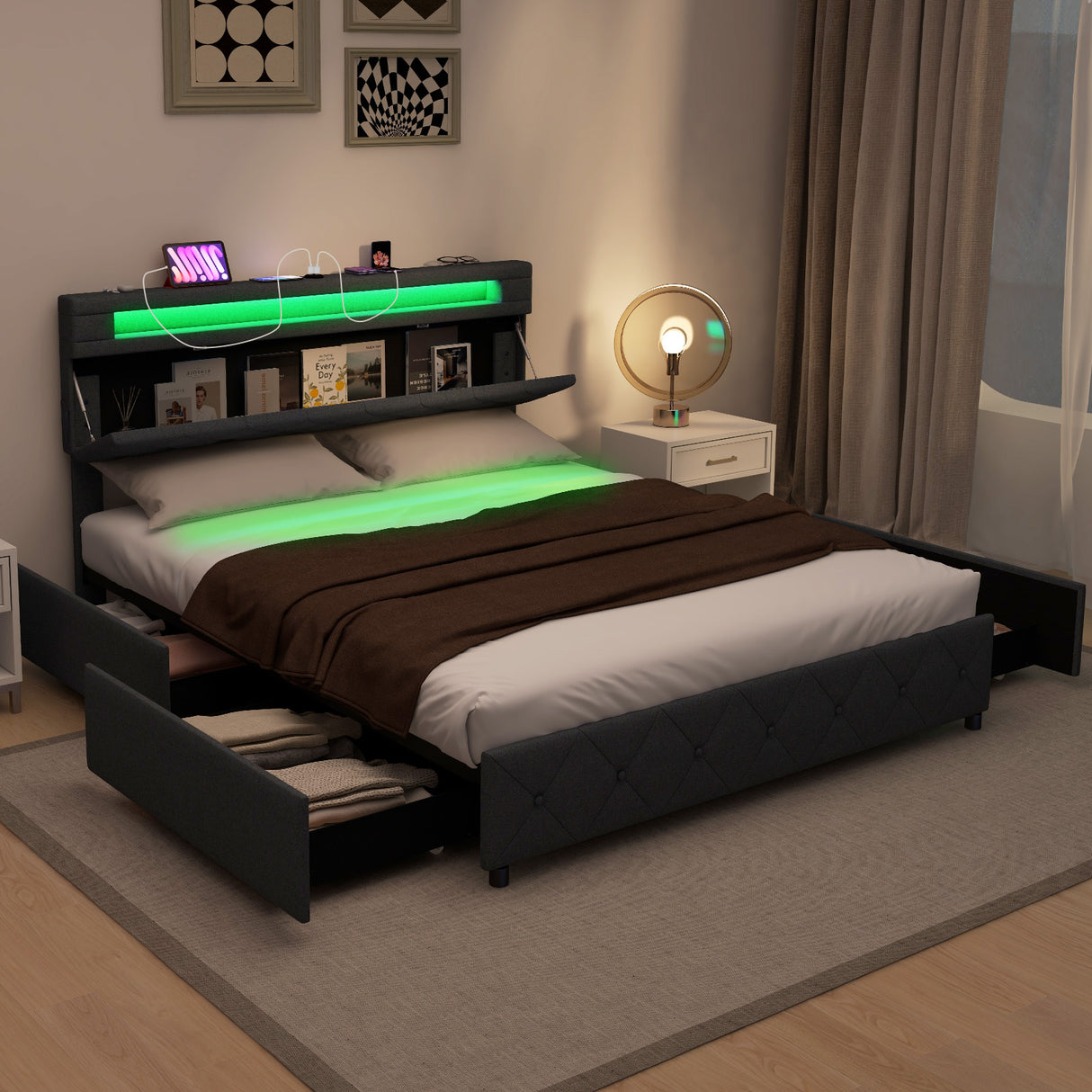 Full/Queen Size Bed Frame with Adjustable Storage Headboard and Wooden Slat Support-Queen Size