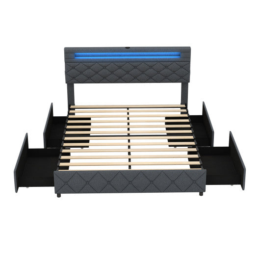 Full/Queen Size Bed Frame with Adjustable Storage Headboard and Wooden Slat Support-Queen Size