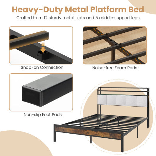 Twin/Full/Queen/King Size Bed Frame with LED Light and Charging Station-Queen Size