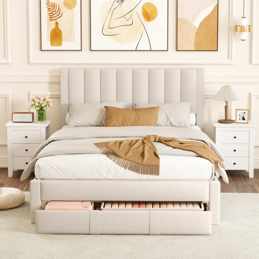 Queen Size Bed Frame with Storage Drawer and Vertical Channel Headboard-Beige