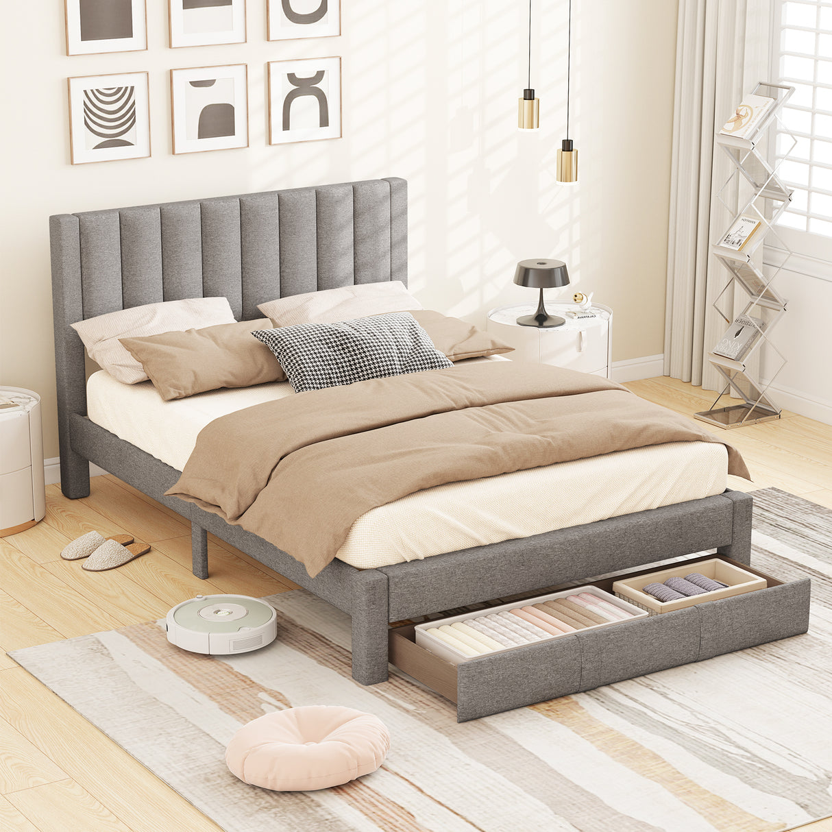 Queen Size Bed Frame with Storage Drawer and Vertical Channel Headboard-Gray