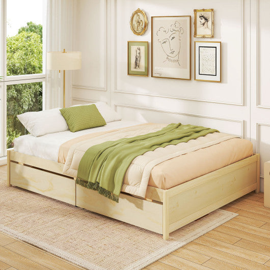 Queen Size Bed Frame with 2 Rolling Storage Drawers-Natural