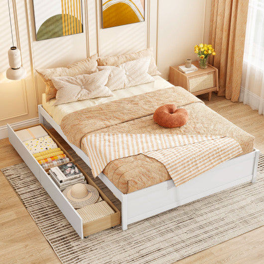 Queen Size Bed Frame with 2 Rolling Storage Drawers-White