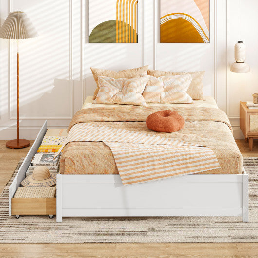 Queen Size Bed Frame with 2 Rolling Storage Drawers-White