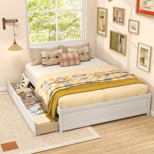 Queen Size Bed Frame with 2 Rolling Storage Drawers-White