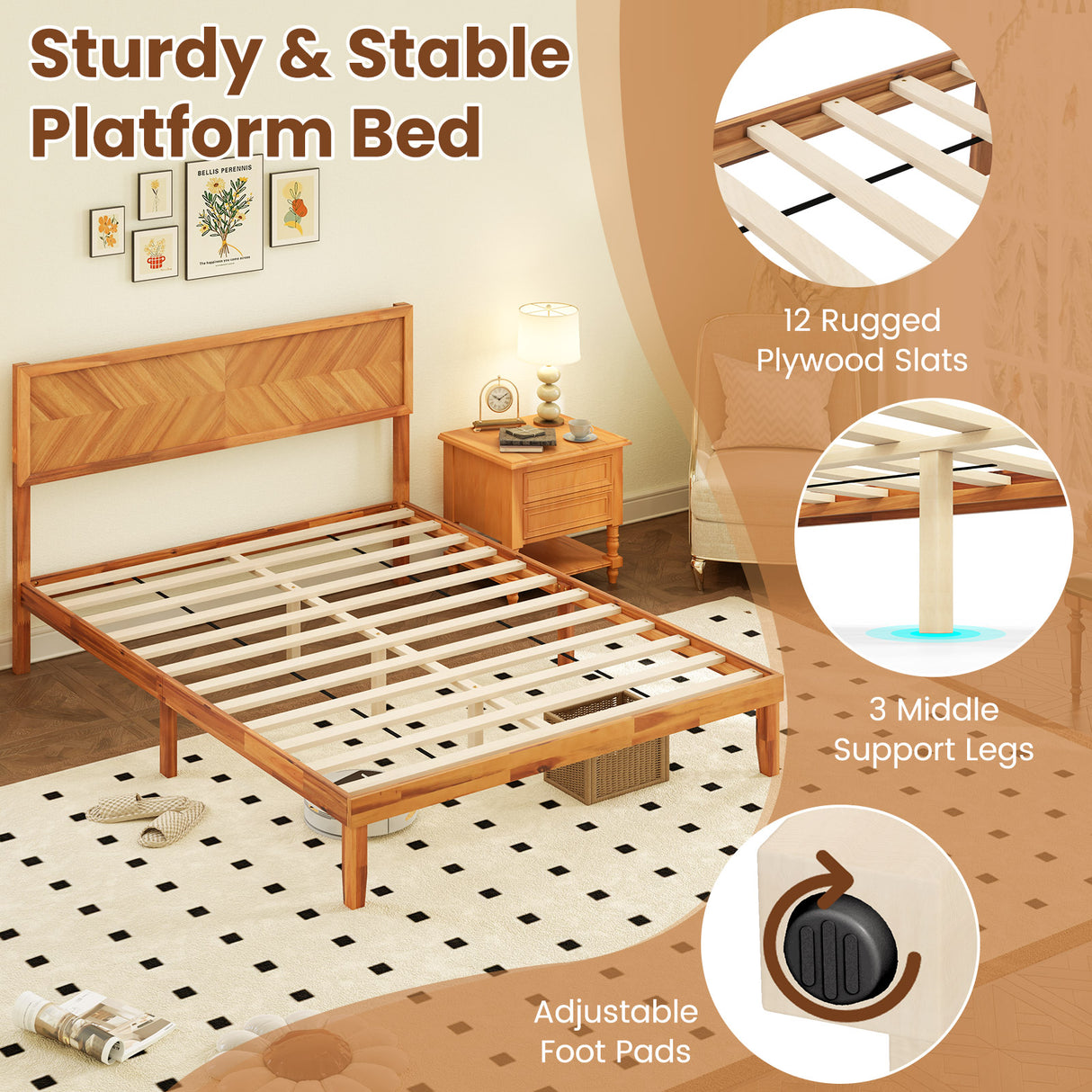 Twin/Full/Queen Size Bed Frame with Headboard and Storage Space-Queen Size