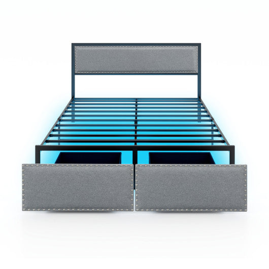Full/Queen/Twin Size Bed Frame with LED Lights Drawer and Metal Slats-Queen Size