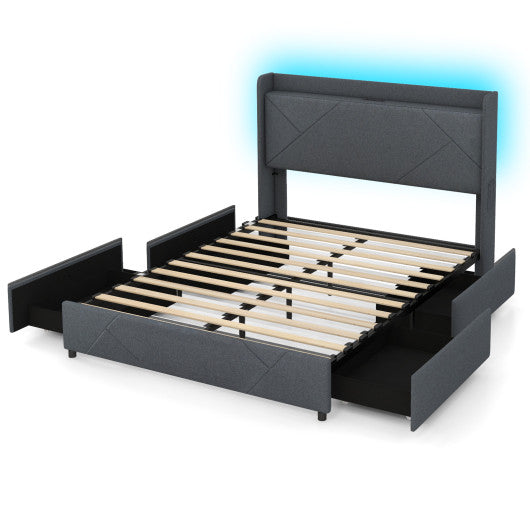 Full/Queen Size Bed Frame with LED Lights and Charging Station-Queen Size