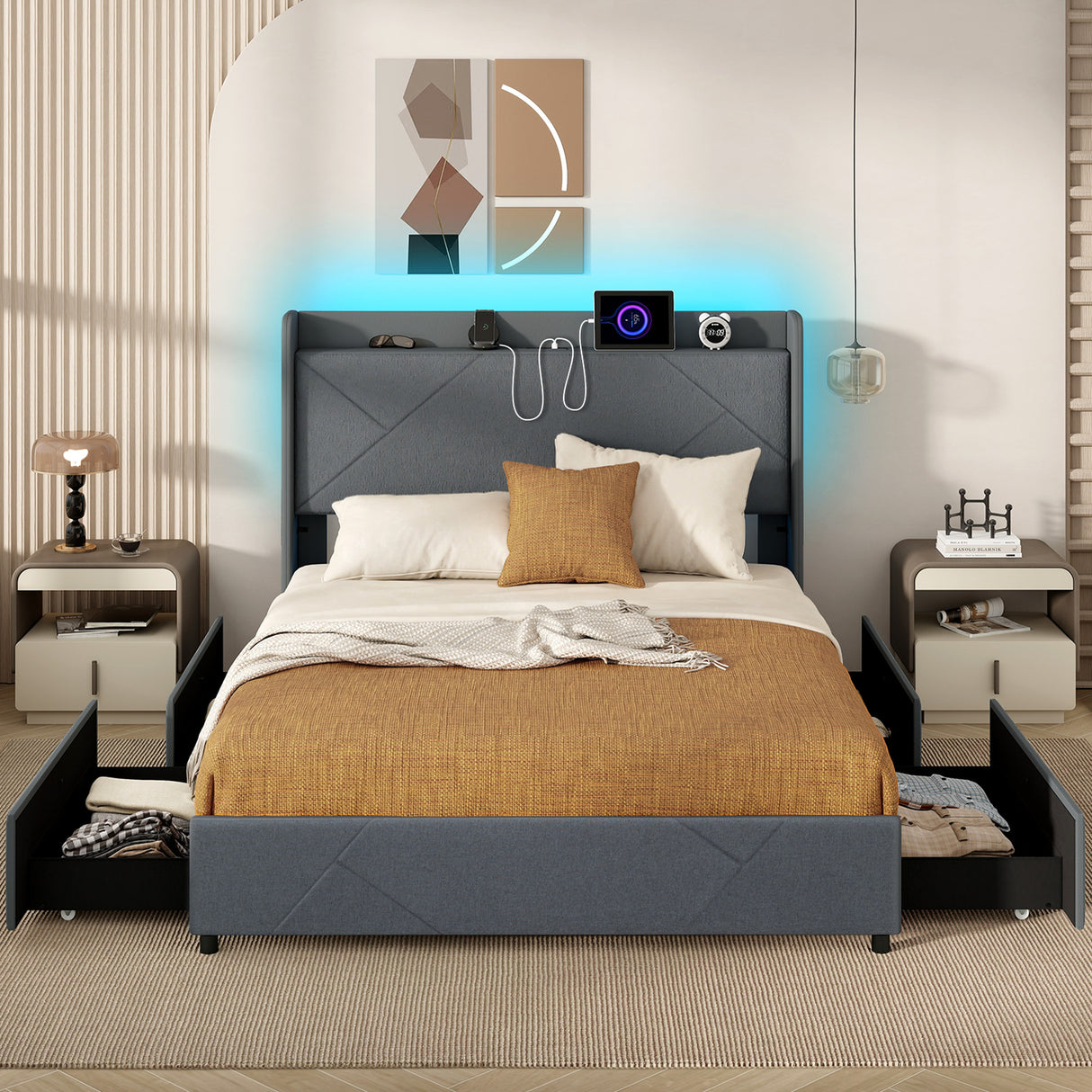 Full/Queen Size Bed Frame with LED Lights and Charging Station-Queen Size