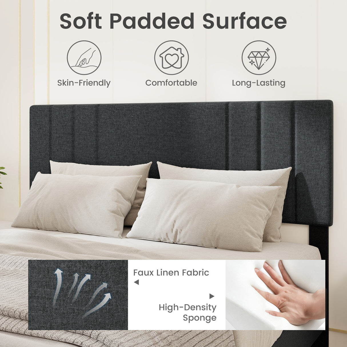Full/Queen/Twin Size Bed Frame with Vertical Channel Tufted Headboard and Wooden Slats-Queen Size