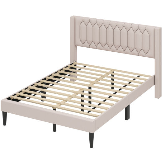 Queen Size Dutch Velvet/Linen Fabric Upholstered Platform Bed with Wingback Headboard and Wooden Slat Support-Beige
