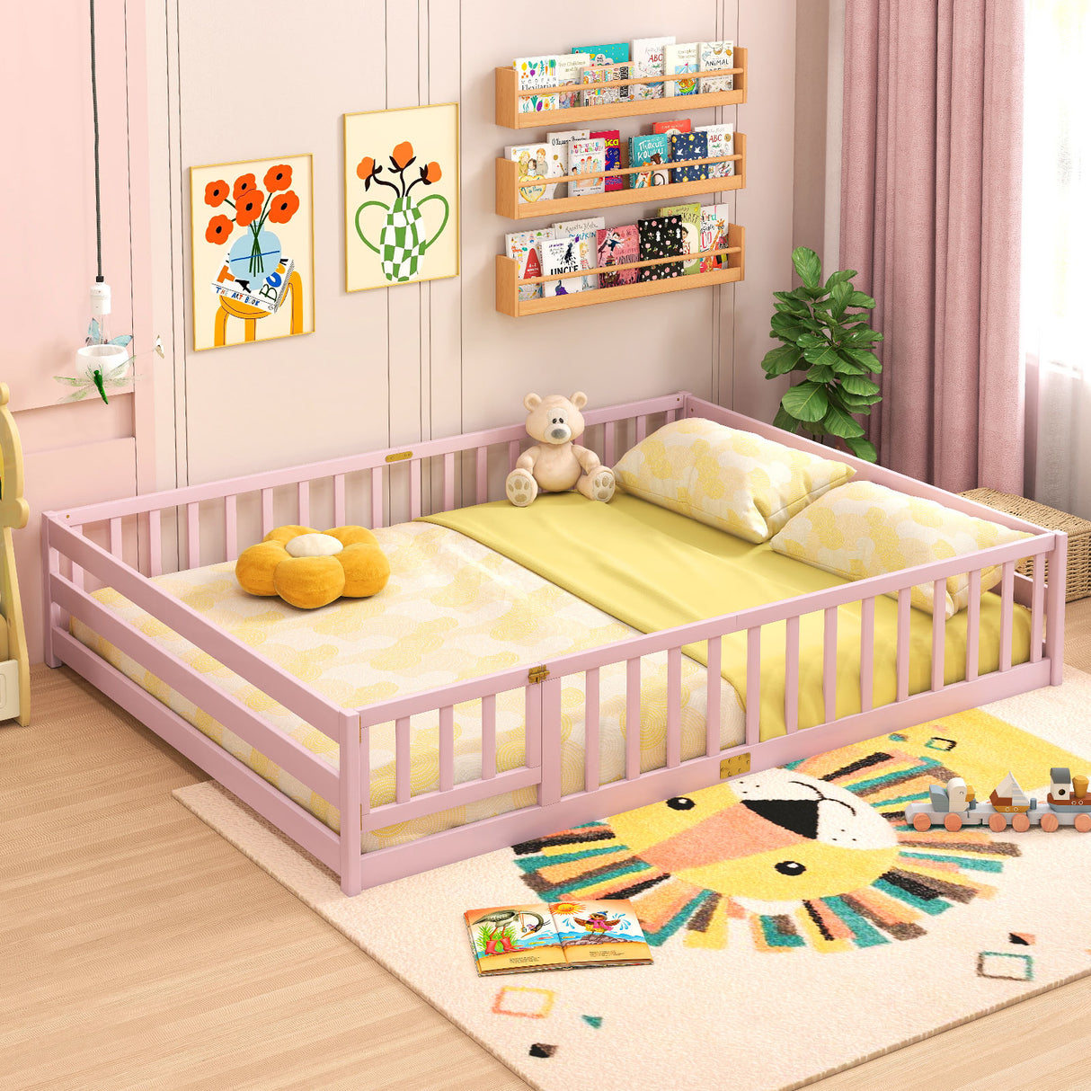Queen Size Floor Bed Kids Montessori Bed Frame with Full Length Safety Guardrails-Pink