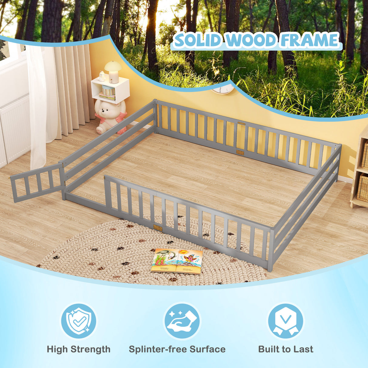 Queen Size Floor Bed Kids Montessori Bed Frame with Full Length Safety Guardrails-Gray