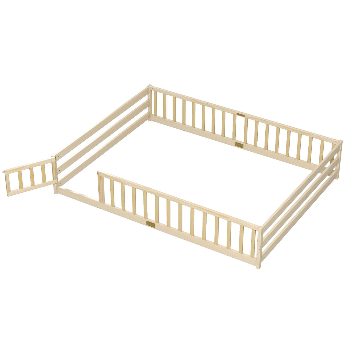 Queen Size Floor Bed Kids Montessori Bed Frame with Full Length Safety Guardrails-Natural