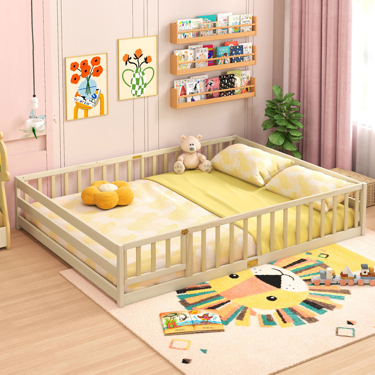 Queen Size Floor Bed Kids Montessori Bed Frame with Full Length Safety Guardrails-Natural
