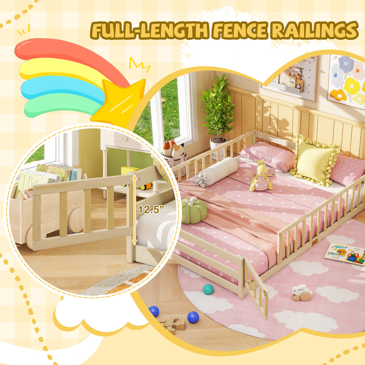 Queen Size Floor Bed Kids Montessori Bed Frame with Full Length Safety Guardrails-Natural