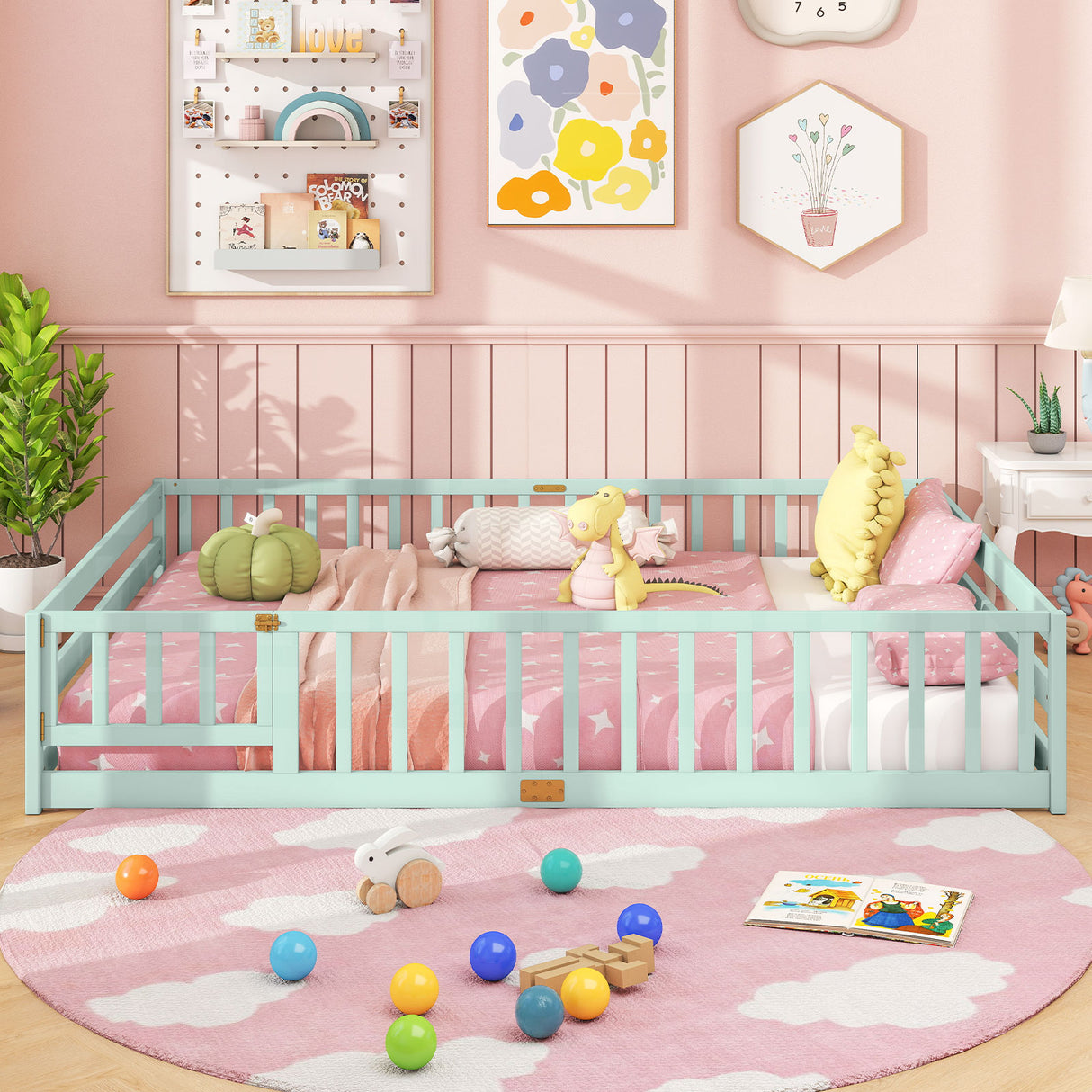 Queen Size Floor Bed Kids Montessori Bed Frame with Full Length Safety Guardrails-Green